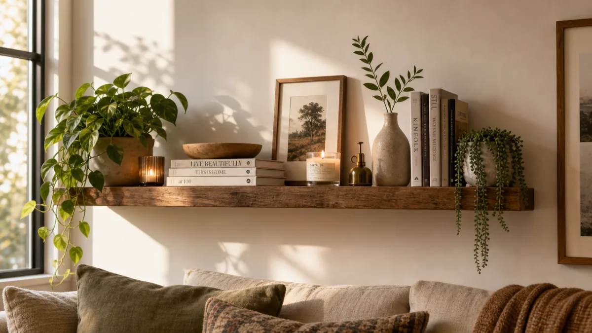 a styled living room floating shelf with plants, candles, and books, soft…