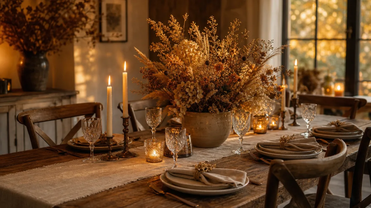 a rustic dining table with dried flower centerpiece and candles, warm golden…