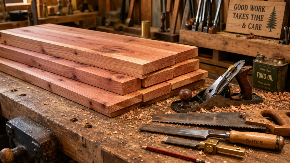 cedar lumber boards and woodworking tools arranged on a workbench, warm workshop…