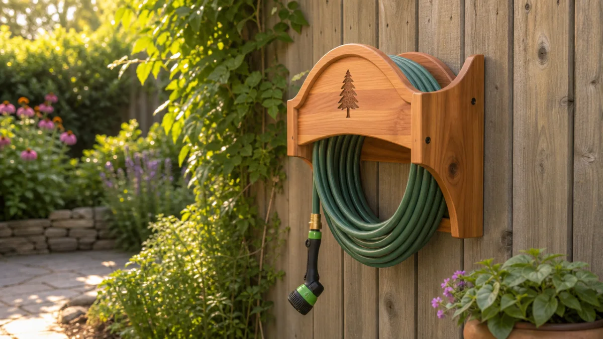assembled cedar wood garden hose holder mounted on a fence, soft afternoon…