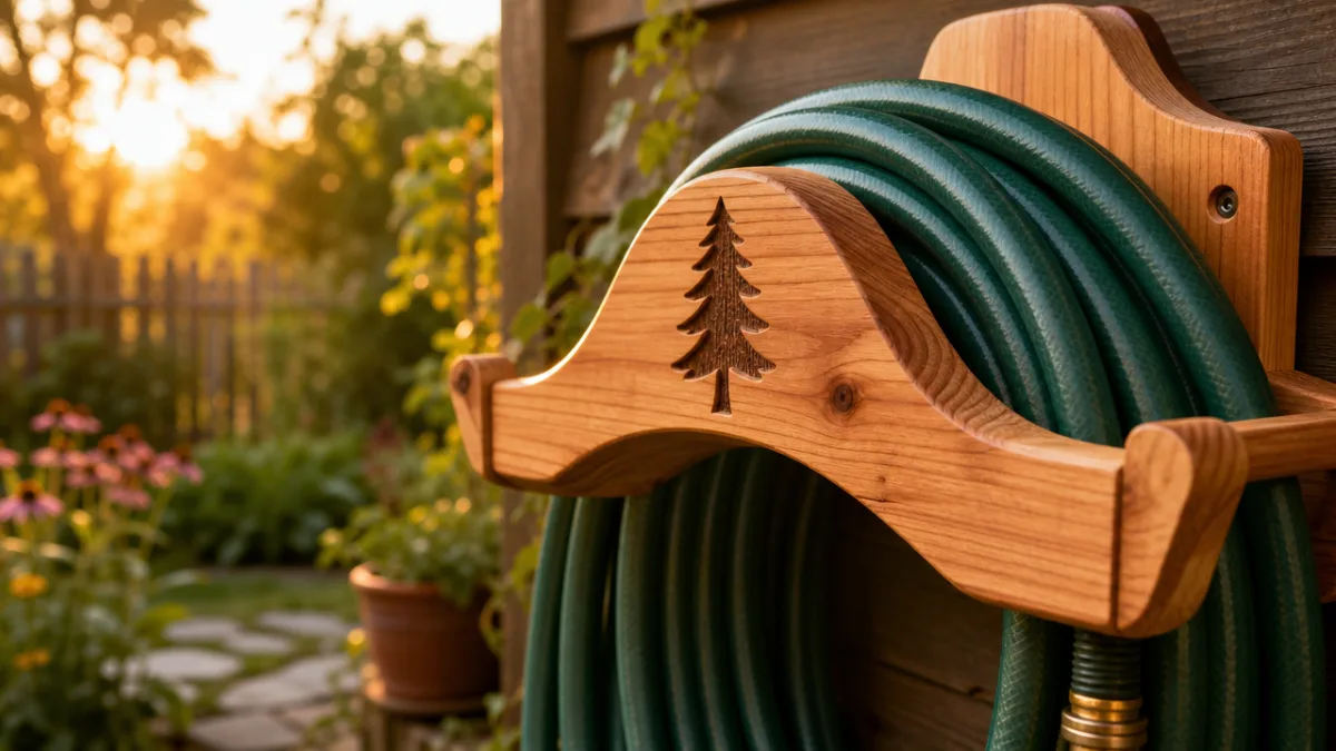 close-up of a cedar garden hose holder with coiled green hose, golden…