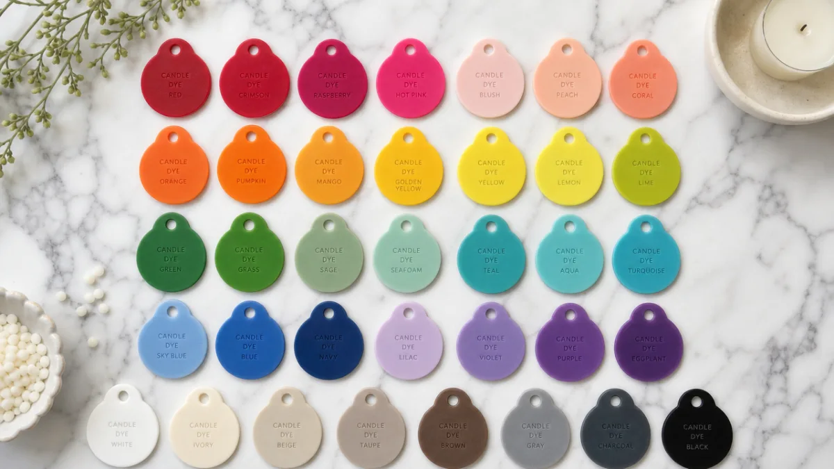 an overhead flat lay of colorful candle dye chips arranged by hue…