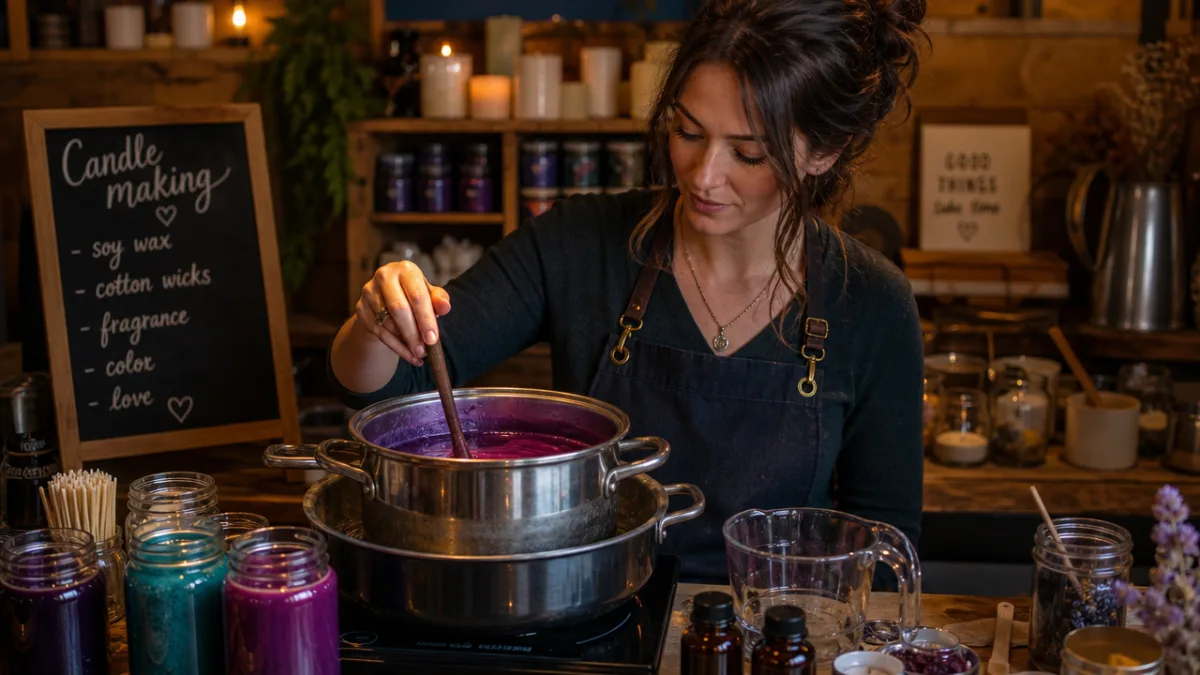 a candle maker carefully stirring melted colored wax in a double boiler,…