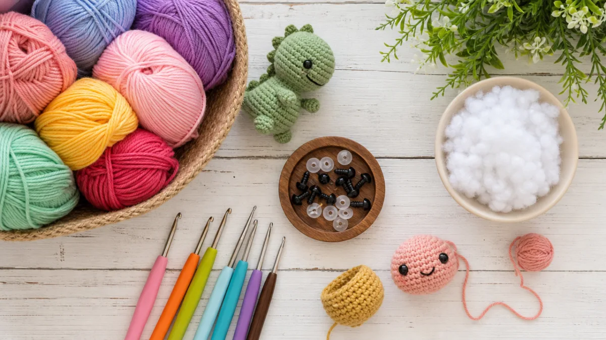 a flat lay of colorful yarns, crochet hooks, safety eyes and stuffing…