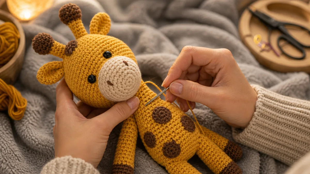 hands carefully stitching together a golden yellow crocheted giraffe toy on a…