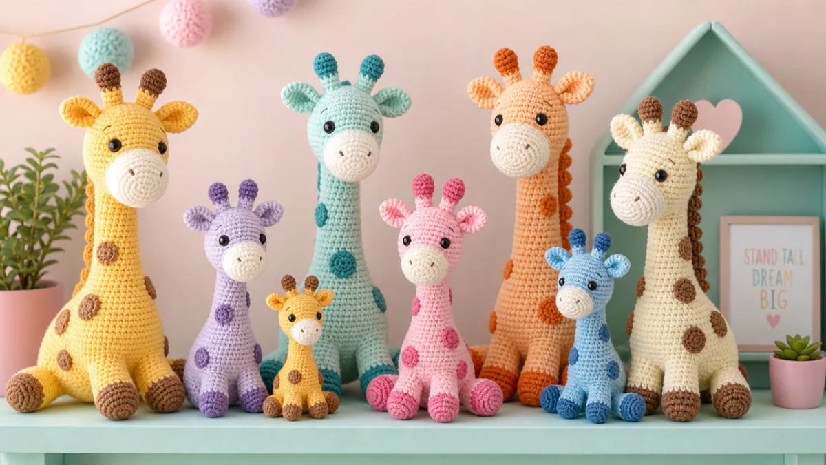 a collection of colorful finished amigurumi giraffes in different sizes arranged on…