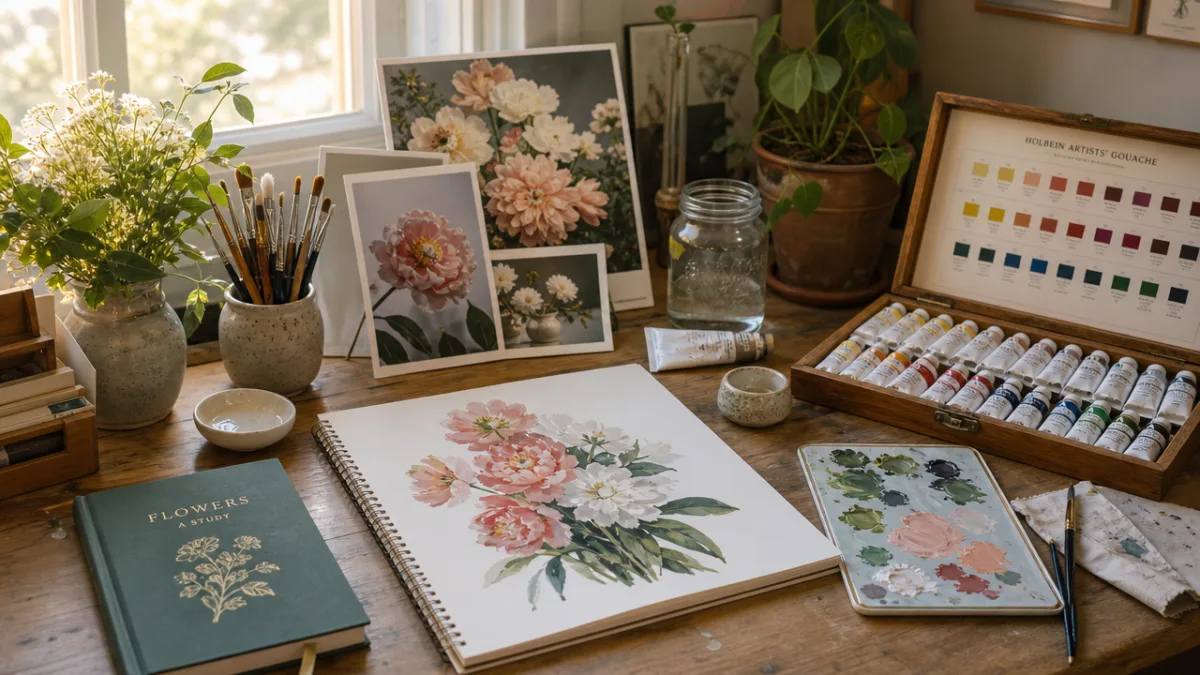 a neatly arranged artist's desk with gouache paints, brushes, and floral reference…