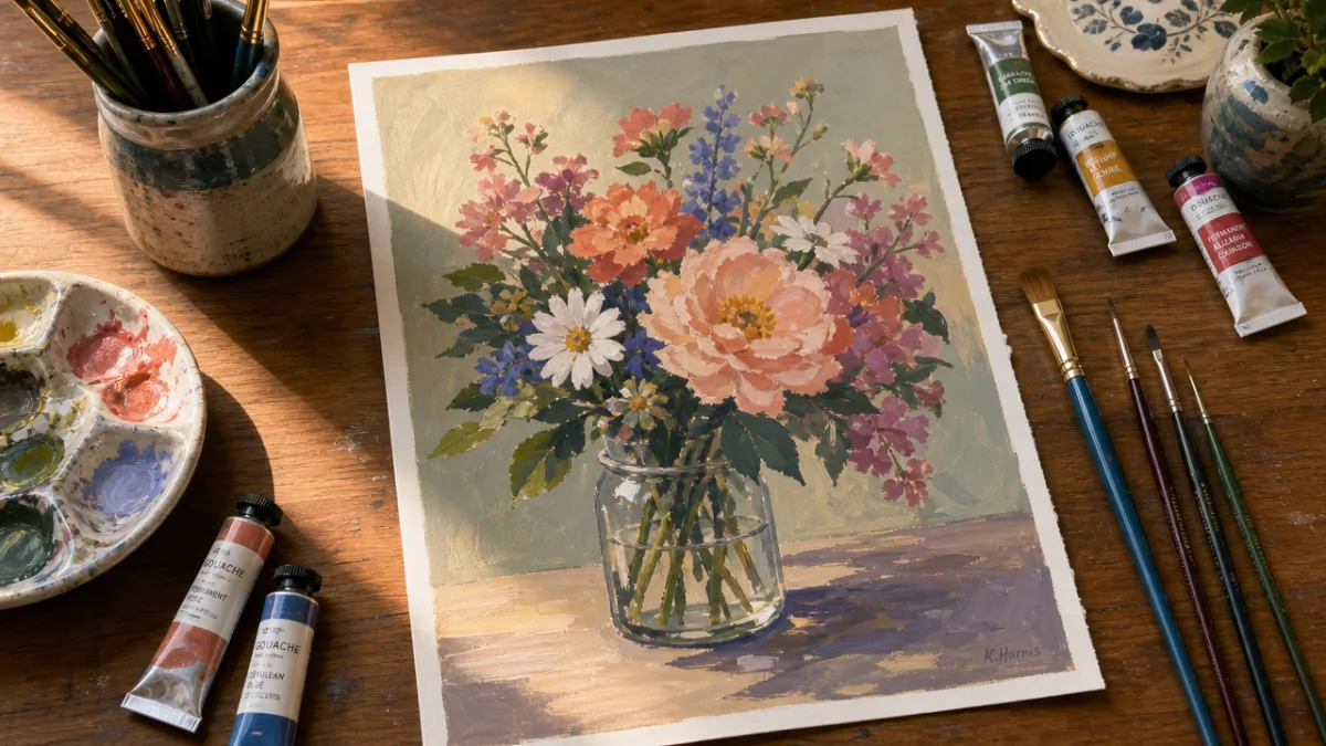 a completed gouache flower painting resting on a wooden table surrounded by…