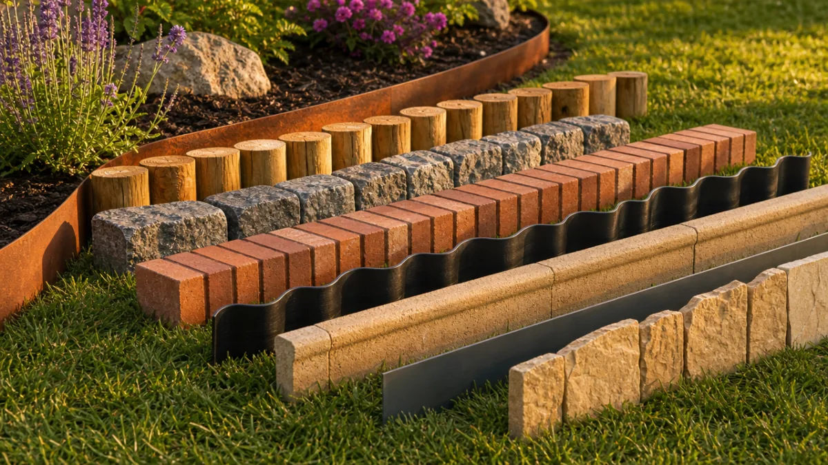 an assortment of garden edging materials arranged outdoors on a lawn, warm…