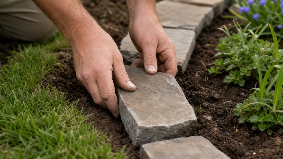 hands carefully placing flat stone edging along a freshly cut garden bed…