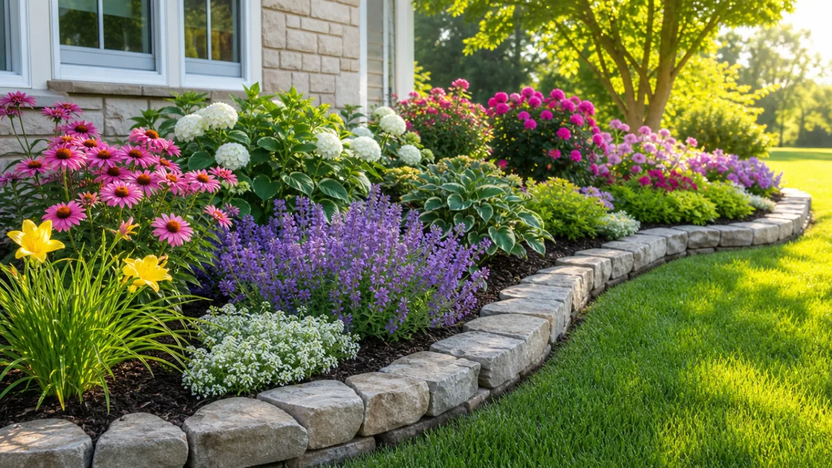 a beautifully maintained garden bed with clean stone edging and colorful flowering…