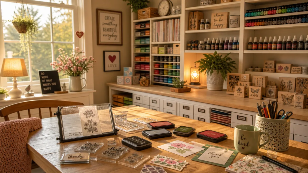 a warmly lit craft room with organized shelves of colorful supplies, stamps…