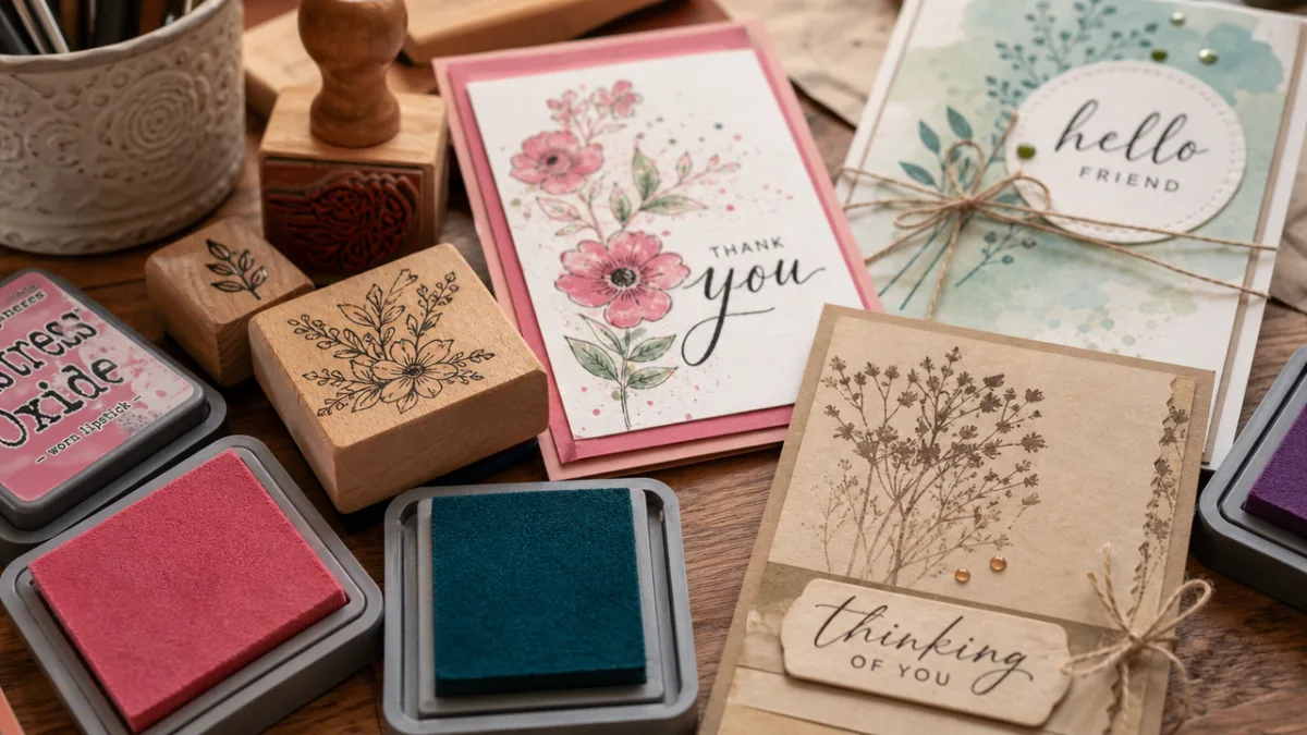 a close-up of colorful ink pads, rubber stamps and handmade greeting cards…
