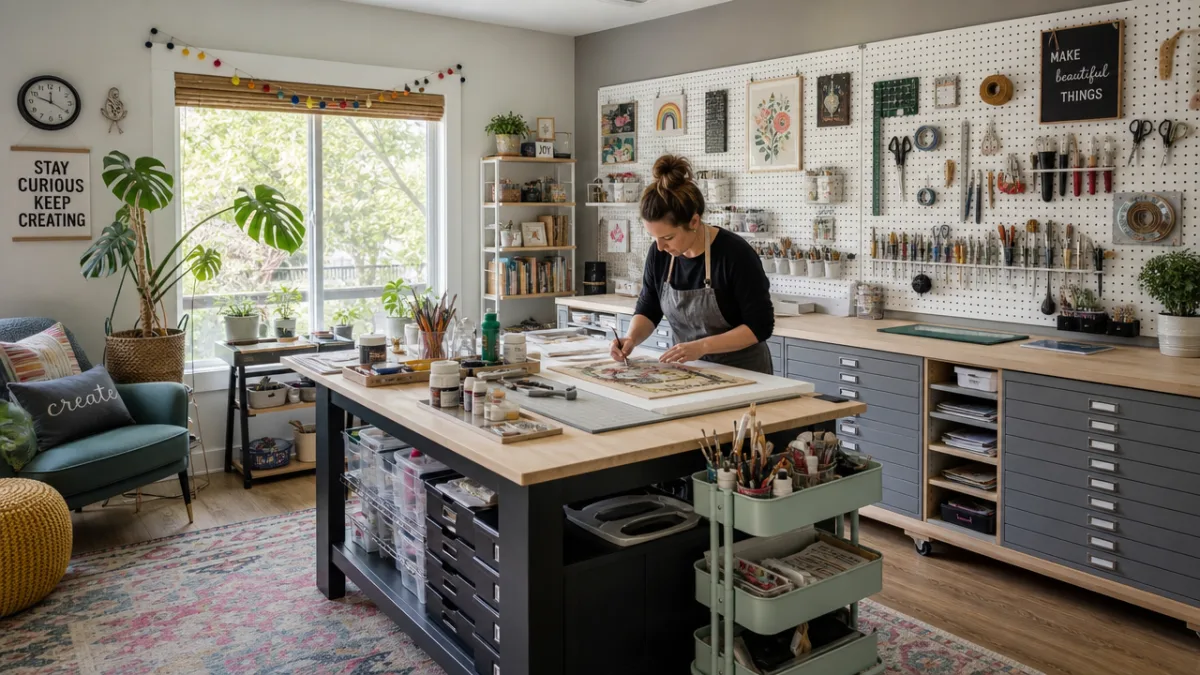 a wide angle view of a dedicated home craft studio with pegboard…