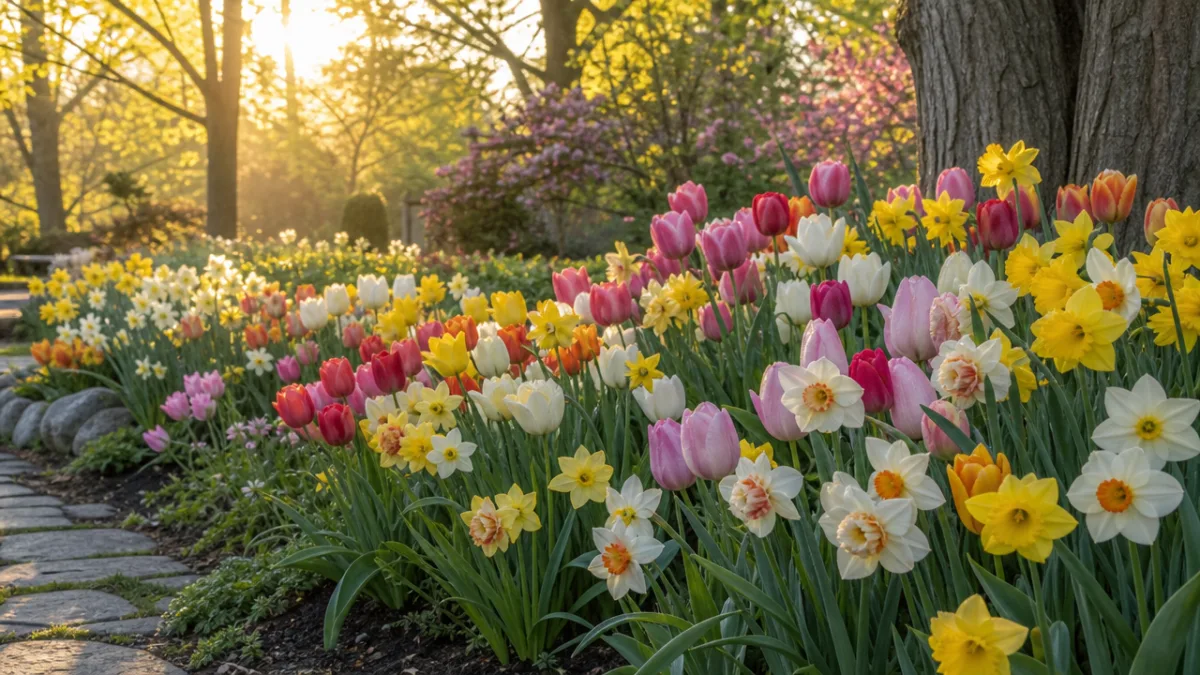 a lush garden bed of mixed tulips and daffodils in morning light,…
