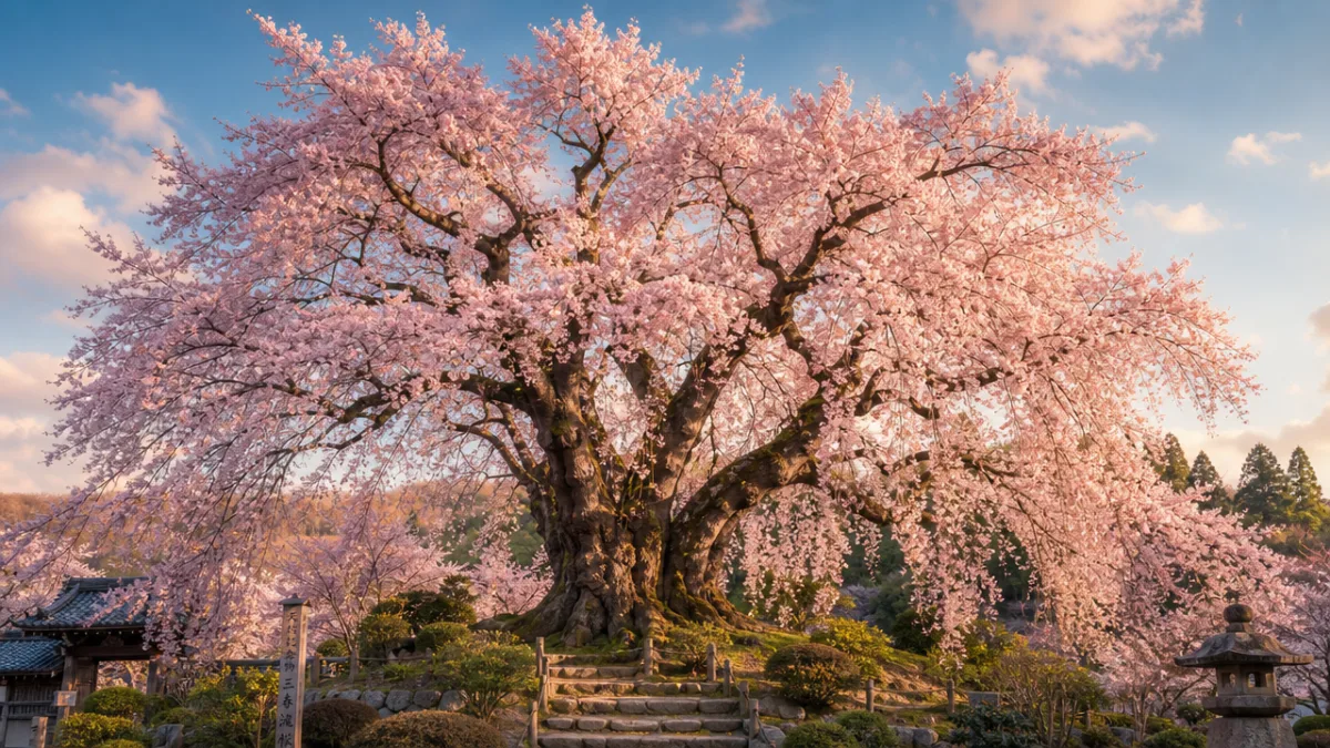 a grand ornamental cherry tree in full bloom against a soft blue…