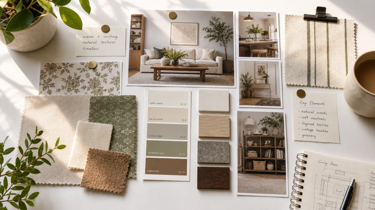 a well-organized home décor mood board spread on a bright white desk…