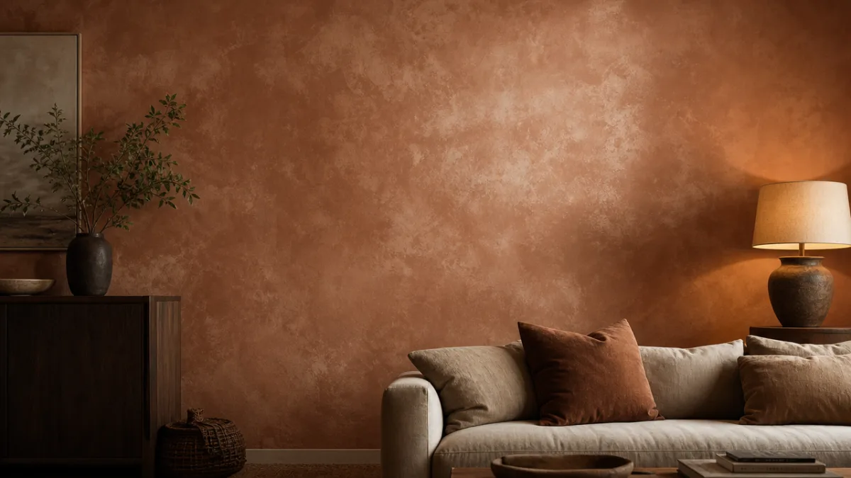 a beautifully textured living room wall with limewash paint finish, warm terracotta…