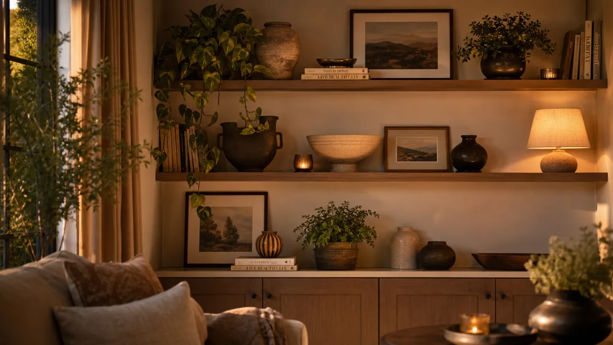 a beautifully styled living room shelf with grouped ceramics, trailing plants, and…