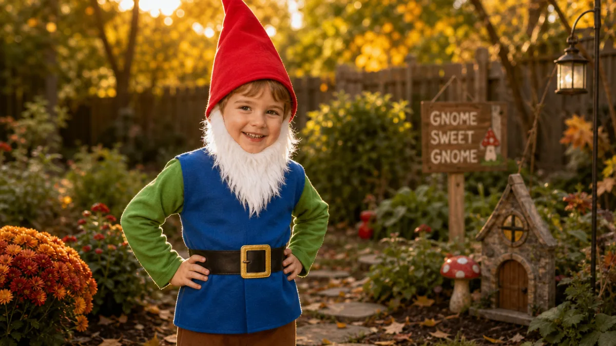 a child wearing a colorful garden gnome costume with red pointed hat…