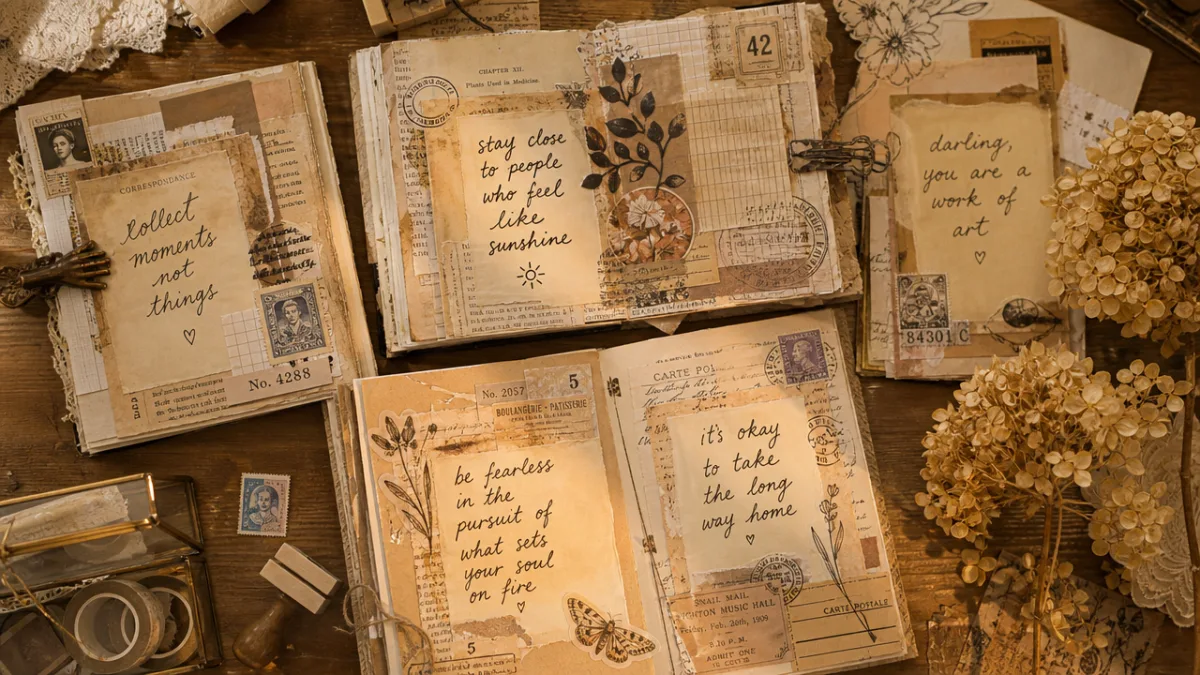 a flat lay of handmade junk journal pages covered in vintage ephemera,…