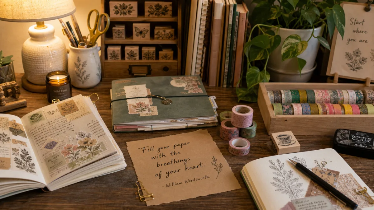 a cozy craft studio desk with journals, colorful washi tape, rubber stamps,…