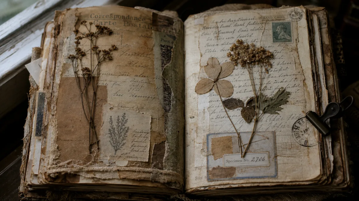 a close-up of worn vintage junk journal spread with layered collage, faded…