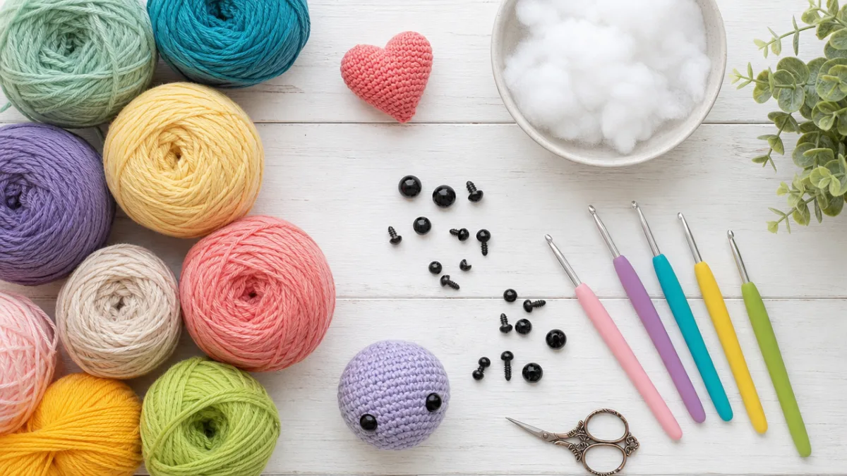 a flat lay of colorful yarn balls, crochet hooks, safety eyes and…