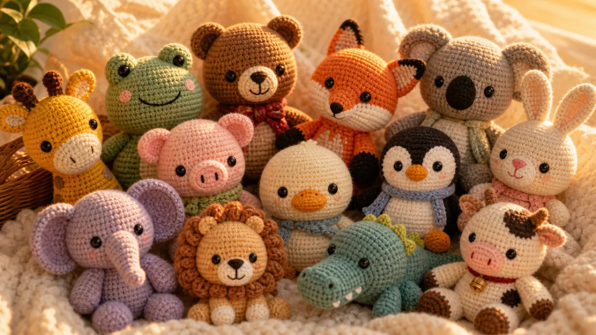 a collection of colorful handmade crochet plushie animals arranged on a cozy…