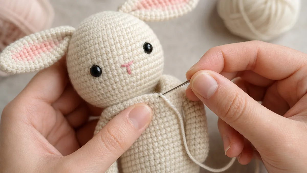 close-up of hands carefully sewing a crochet bunny plushie together with a…