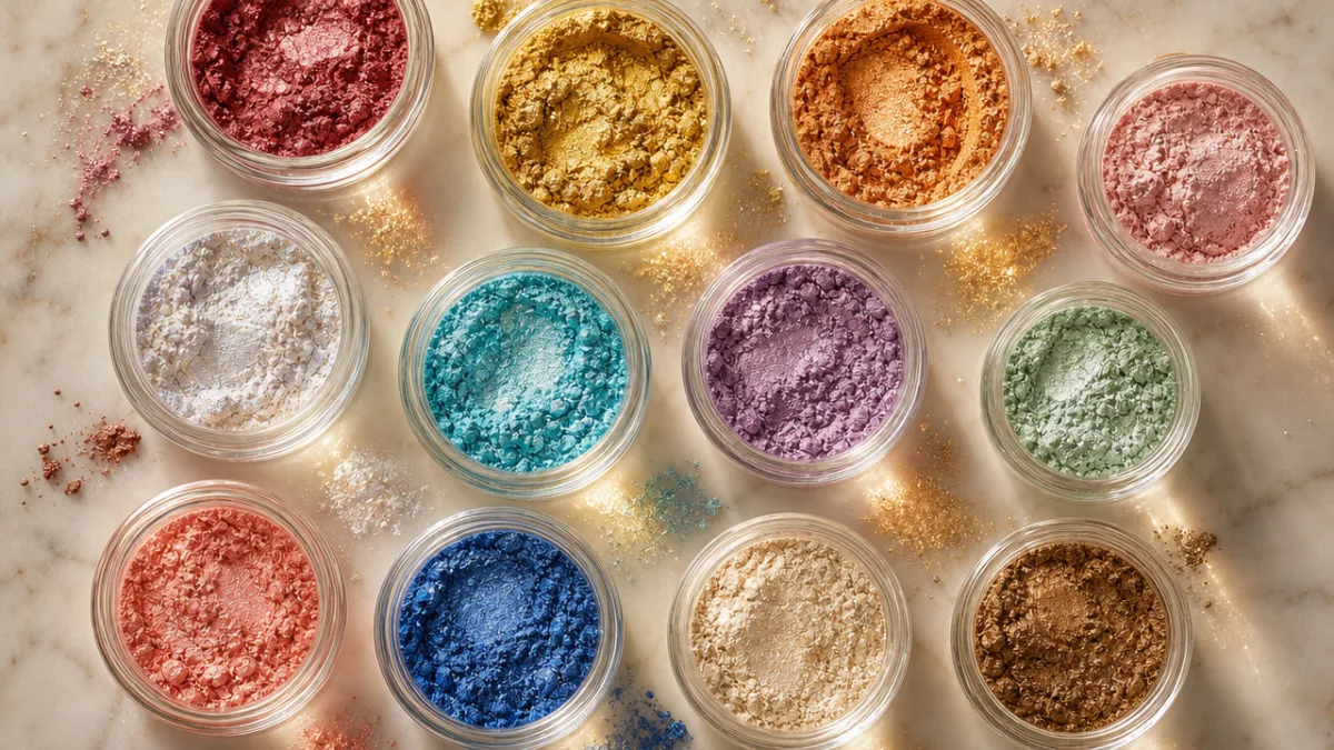 an overhead flat-lay of colorful mica powders in small glass bowls, soft…