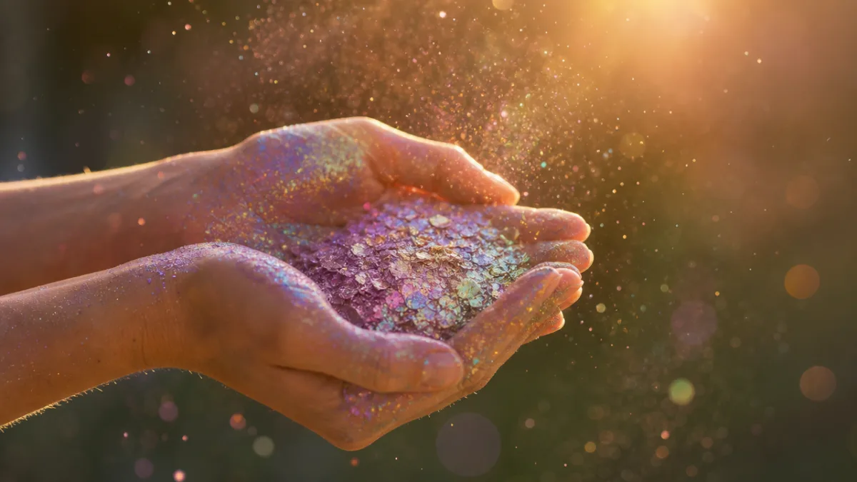 hands holding iridescent mica powder with colorful dust floating in warm sunlit…
