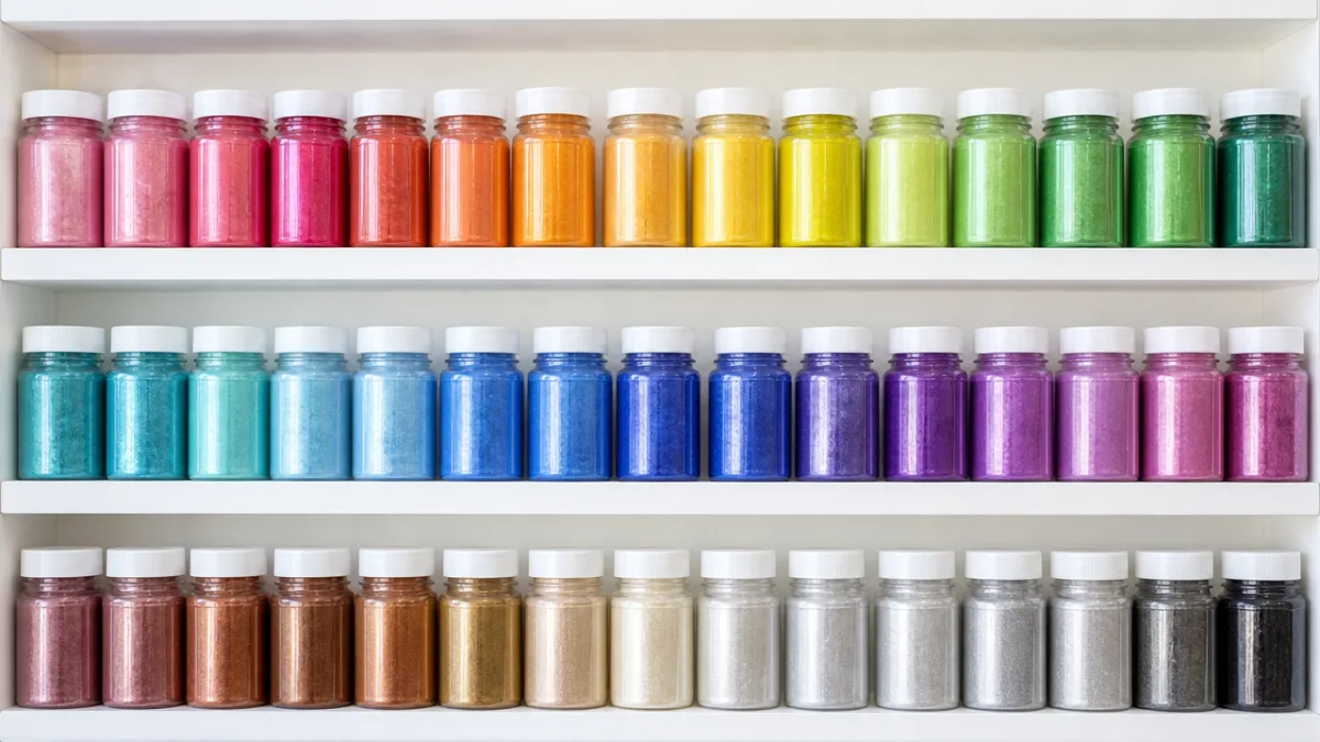 organized rows of mica powder jars in rainbow colors on a white…