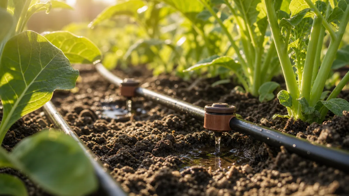 a close-up of drip irrigation emitters on soil between green vegetable plants,…