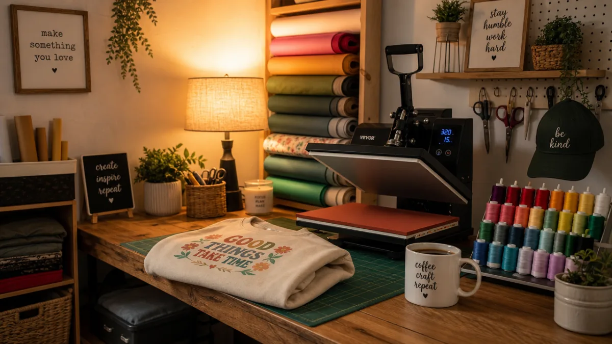 a cozy crafting workspace with warm lamp light, fabric rolls, a heat…