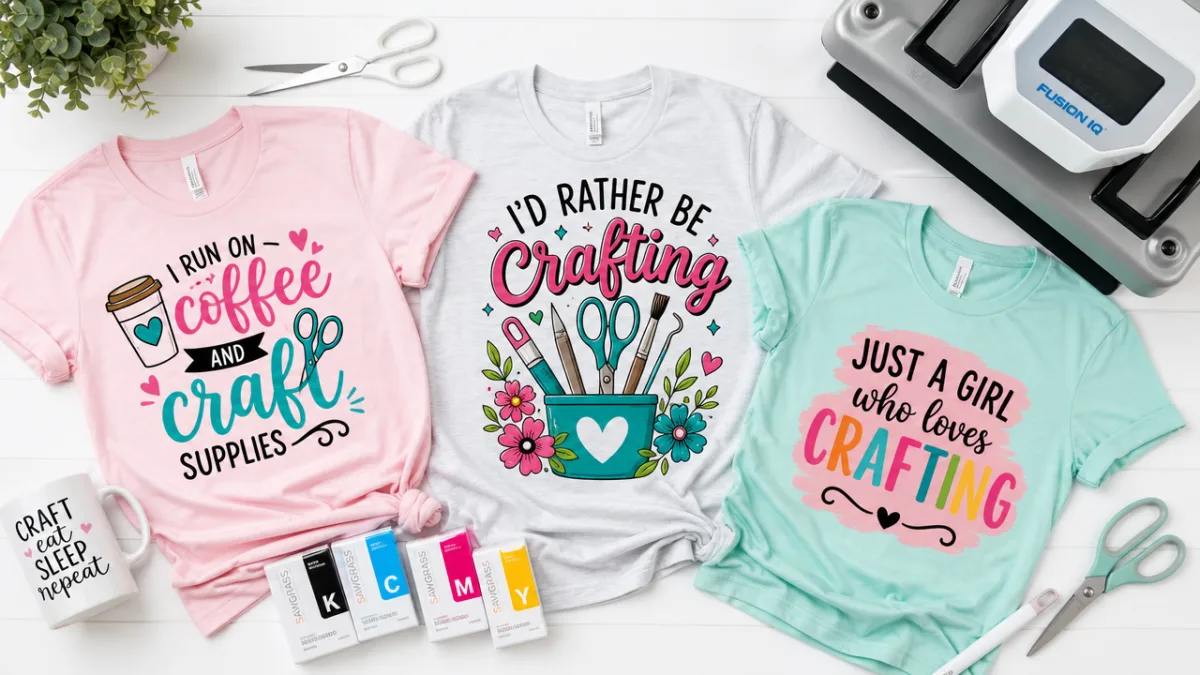 a flat lay of colorful sublimation printed crafter-themed shirts on a bright…