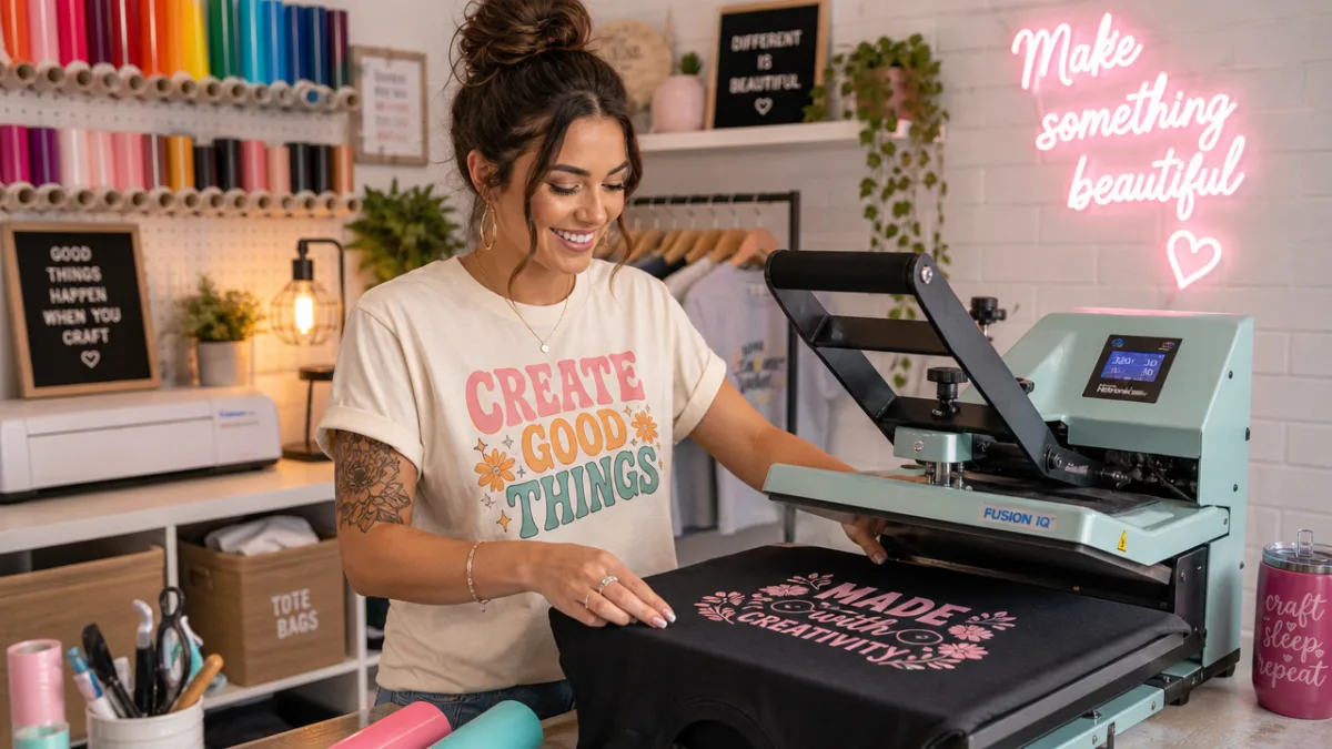 a smiling crafter in a custom graphic tee working at a heat…