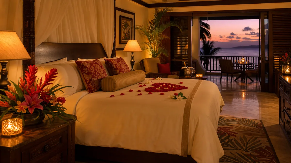 a romantic honeymoon suite with warm golden lighting, tropical flowers on a…