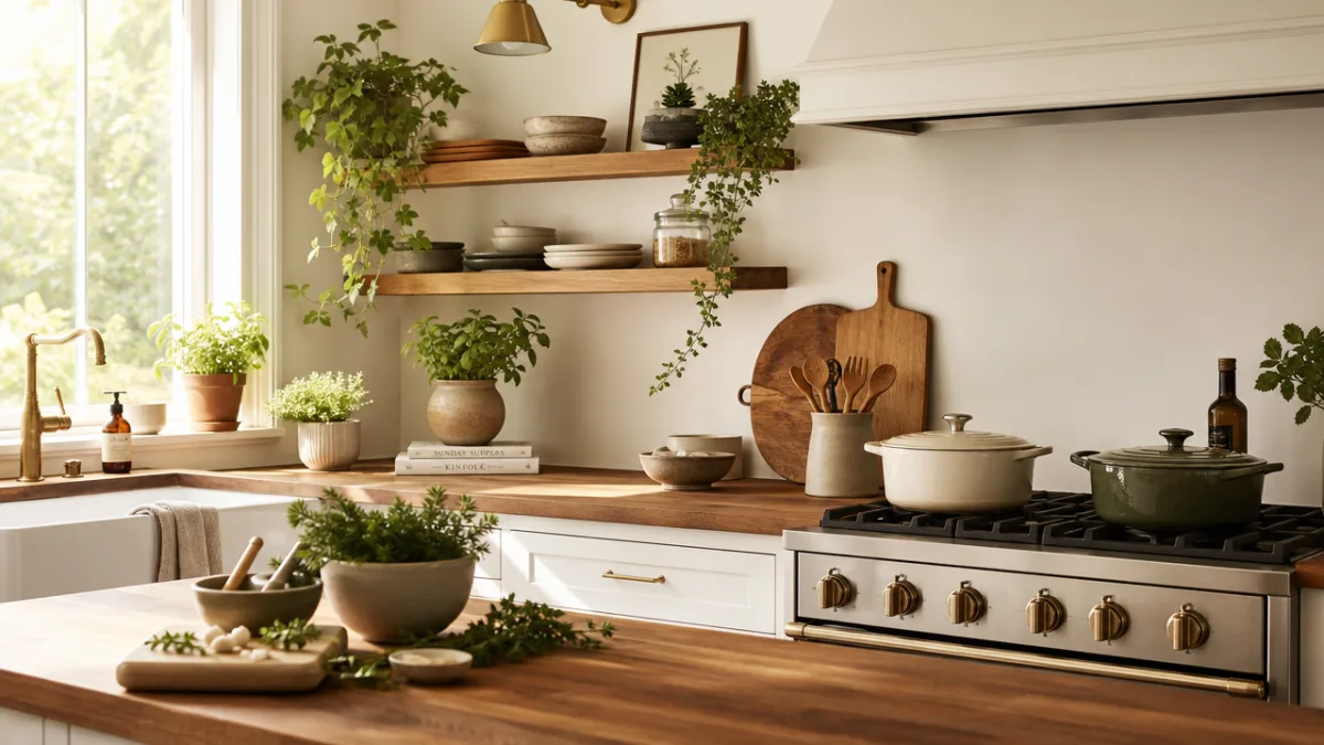 a beautifully styled modern kitchen with warm wood countertops, soft morning light…