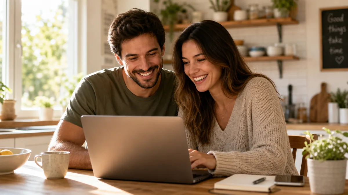 a happy couple reviewing a laptop together at a sunlit kitchen table,…
