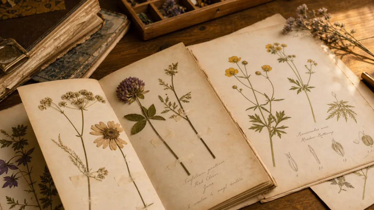 a close-up of pressed wildflowers and aged botanical illustration pages on a…
