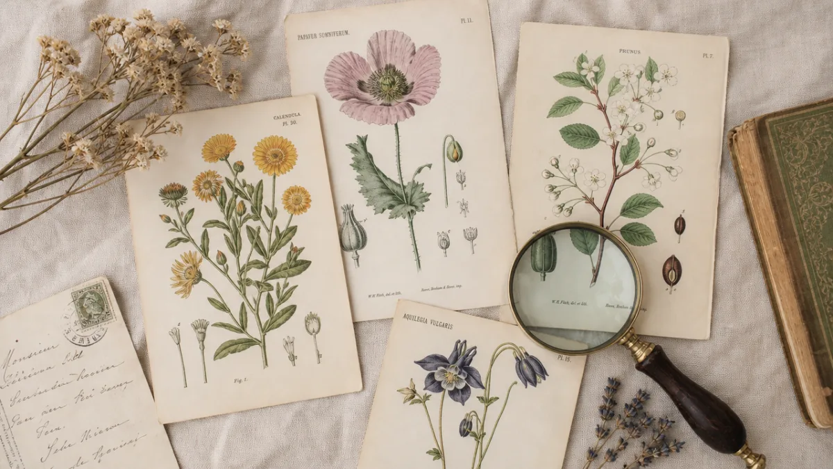 a flat lay of vintage botanical prints arranged on linen fabric with…