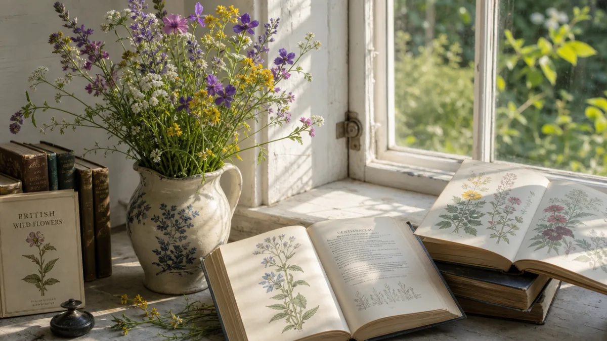 a sunlit windowsill with wild wallflowers in a ceramic vase beside open…