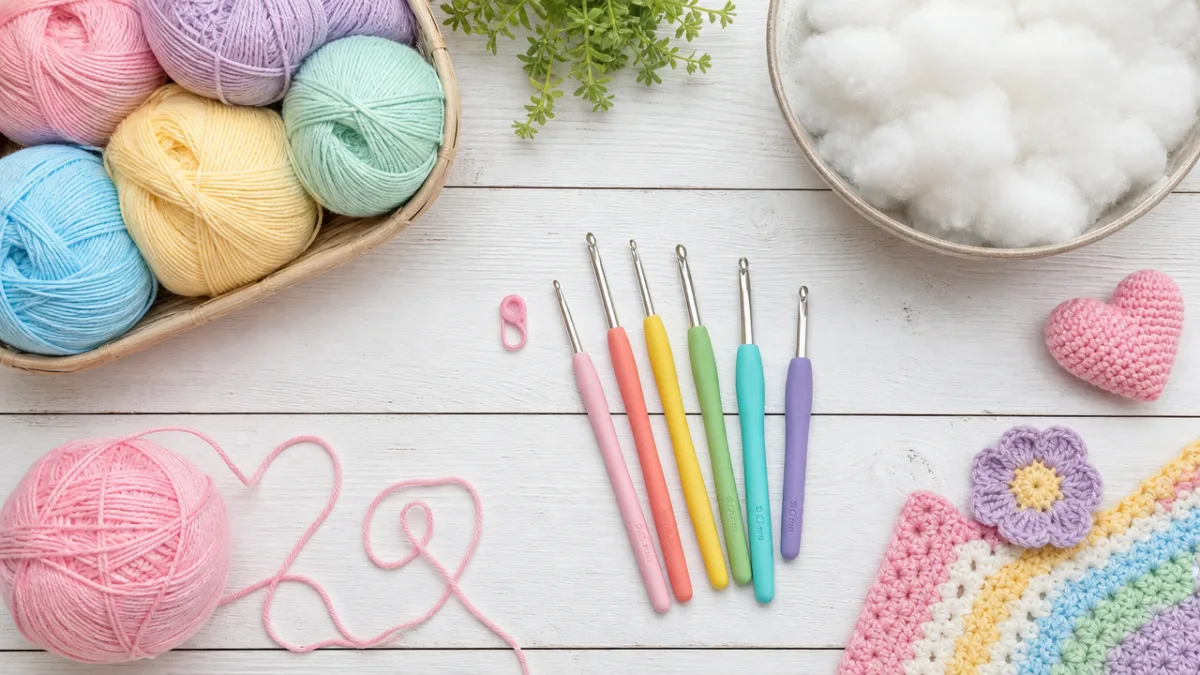a flat lay of colorful pastel yarns, crochet hooks, and stuffing on…