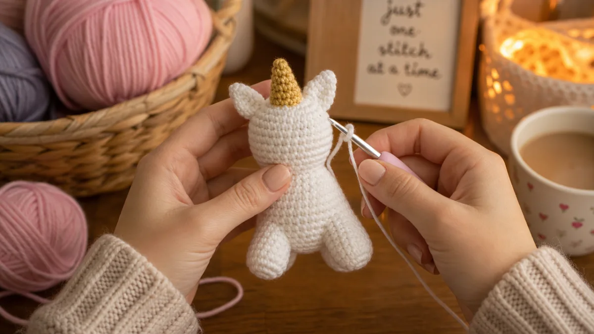 hands crocheting a small white yarn unicorn body with pastel pink yarn…