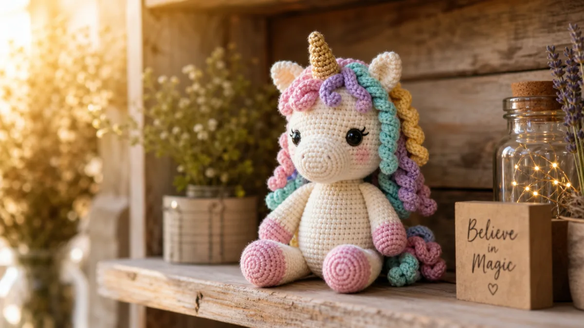 a finished pastel amigurumi unicorn displayed on a rustic wooden shelf with…