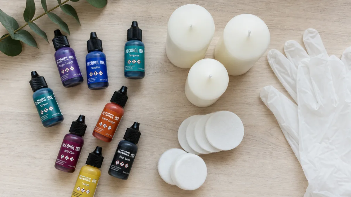 a flat lay of alcohol ink bottles, white pillar candles, gloves, and…