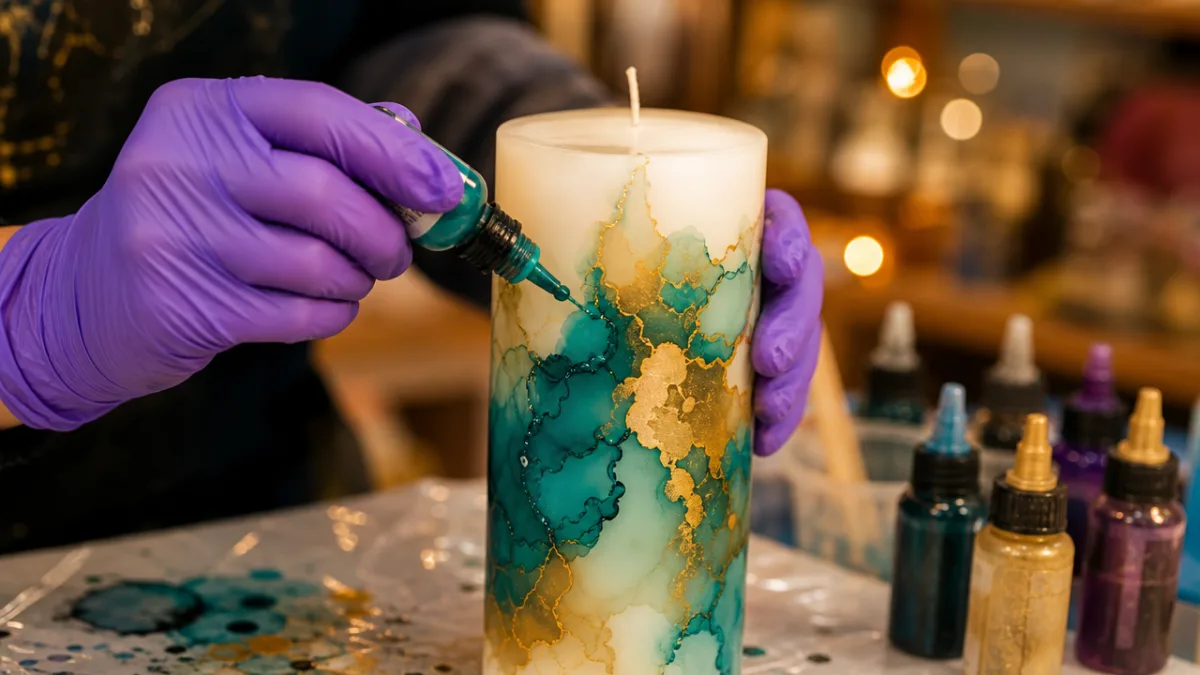hands in purple gloves applying vibrant teal and gold alcohol ink to…