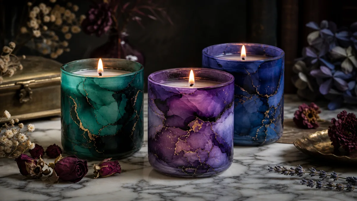 a styled display of three finished alcohol ink candles in jewel tones…
