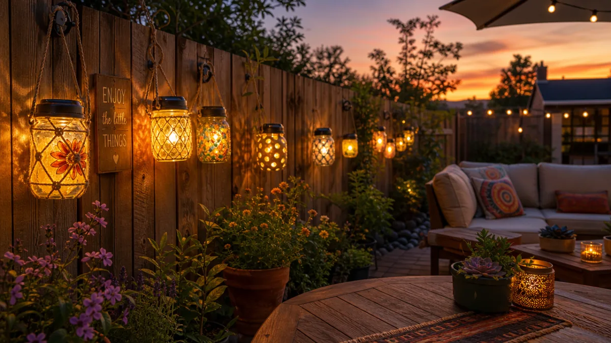 a warmly lit outdoor patio at dusk with glowing handmade solar lanterns…